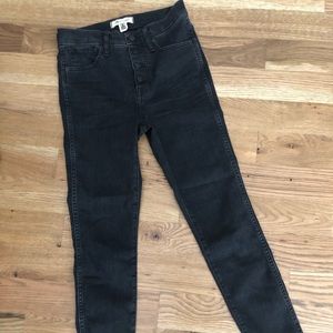Madewell 10” high rise light black skinny denim.